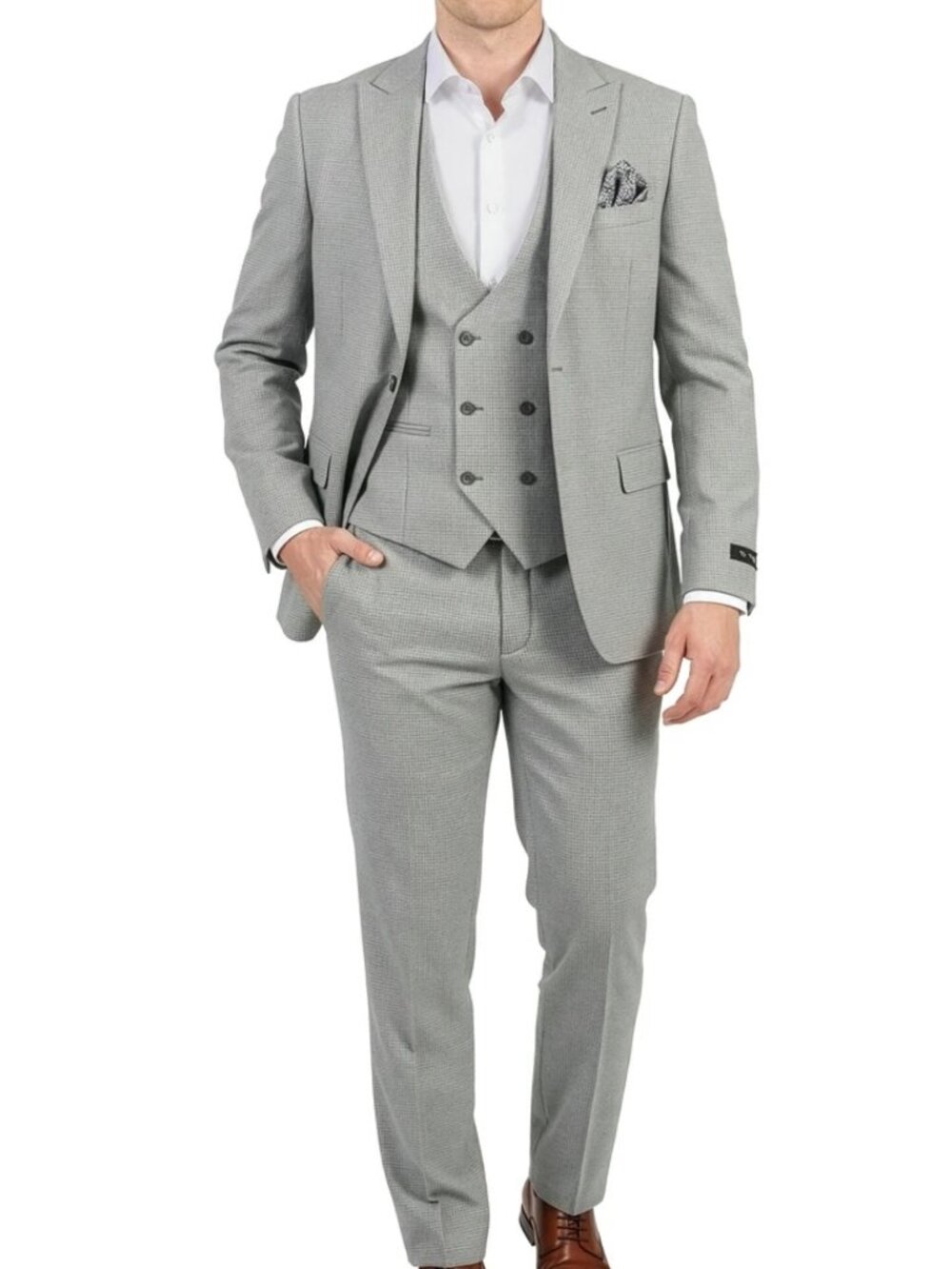 Light Grey Birdseye Double Breasted Vest Peak Lapel Skinny Fit Men's Suit